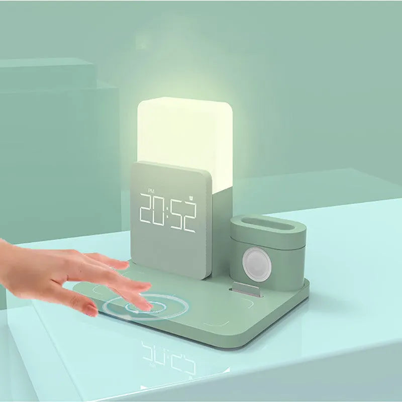 Dark green 3-in-1 wireless charging stand for phone, watch, and earbuds on a wooden table.