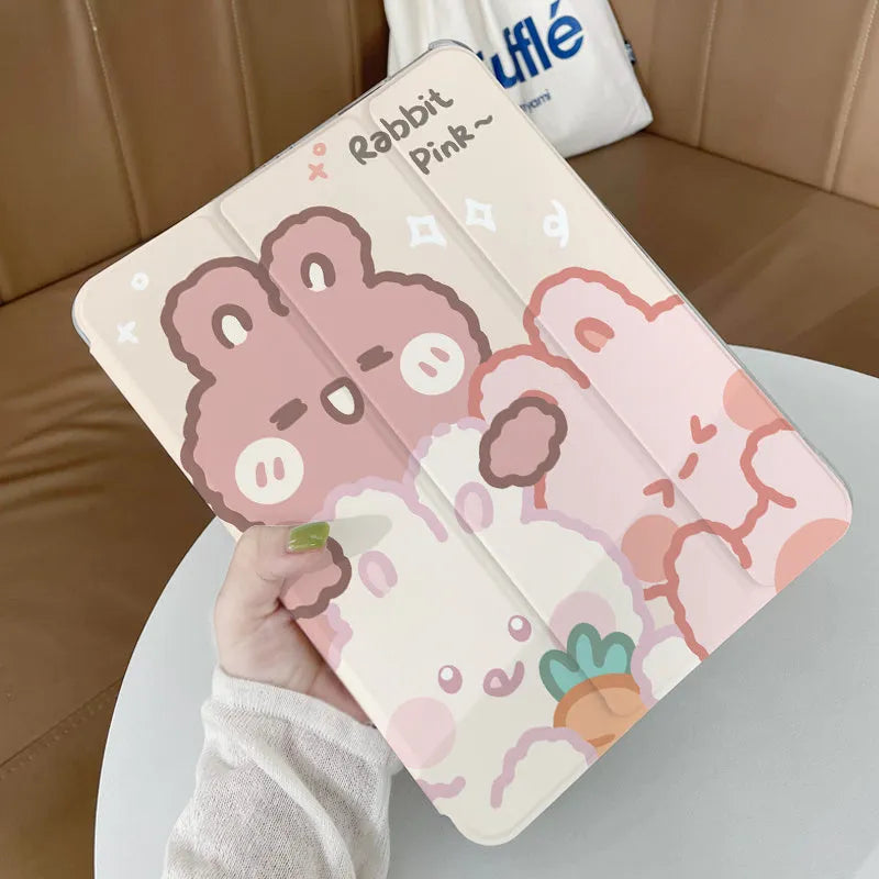 Silicone tri-fold iPad case with cartoon rabbit design shown protecting a tablet