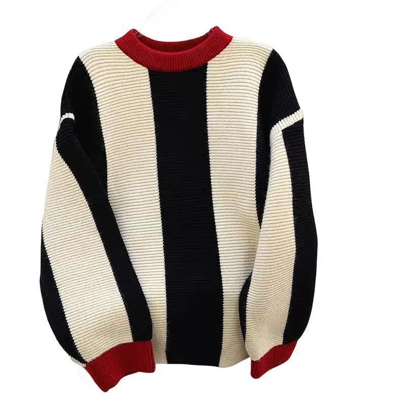 Women's striped cashmere sweater with contrast colours, round neck, and regular sleeves