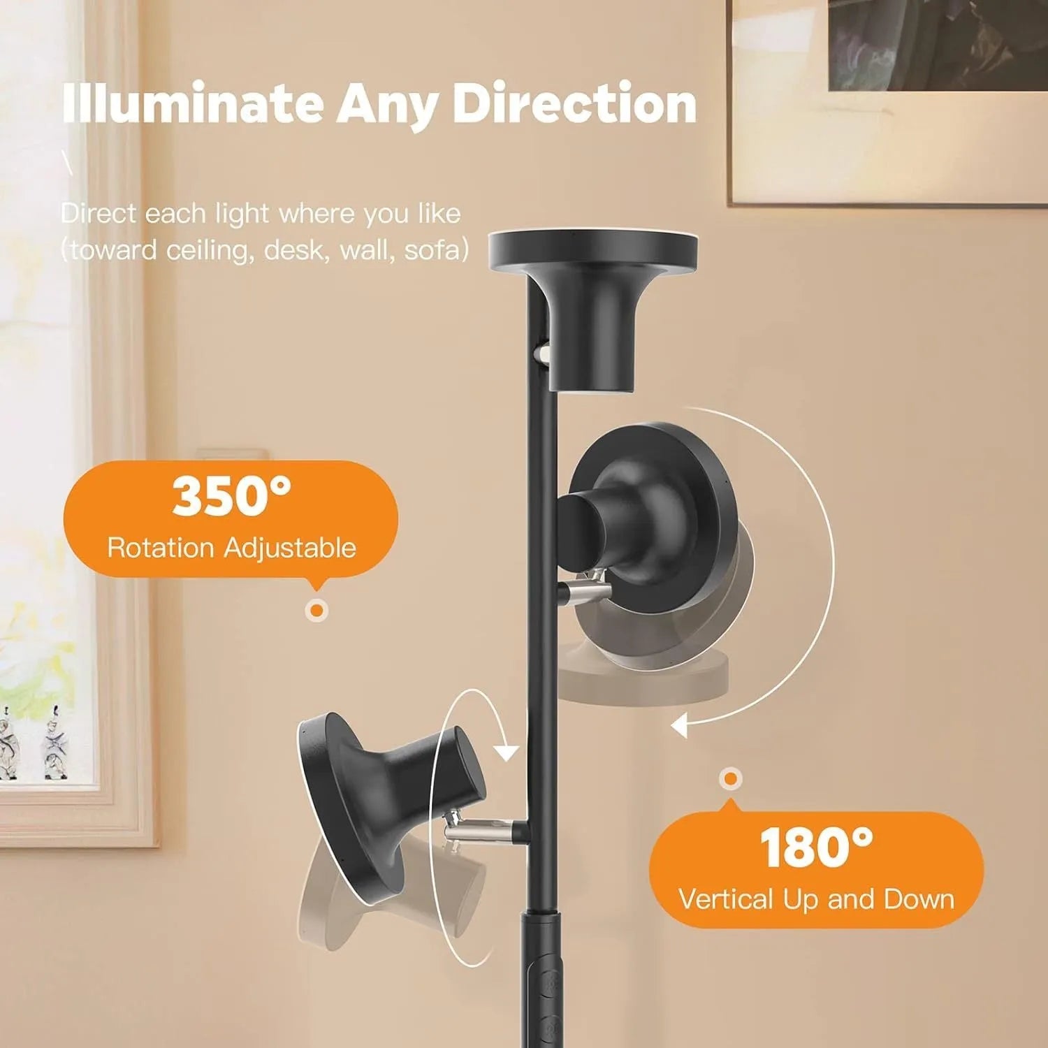 Black adjustable floor lamp with rotatable head and remote control in a living room