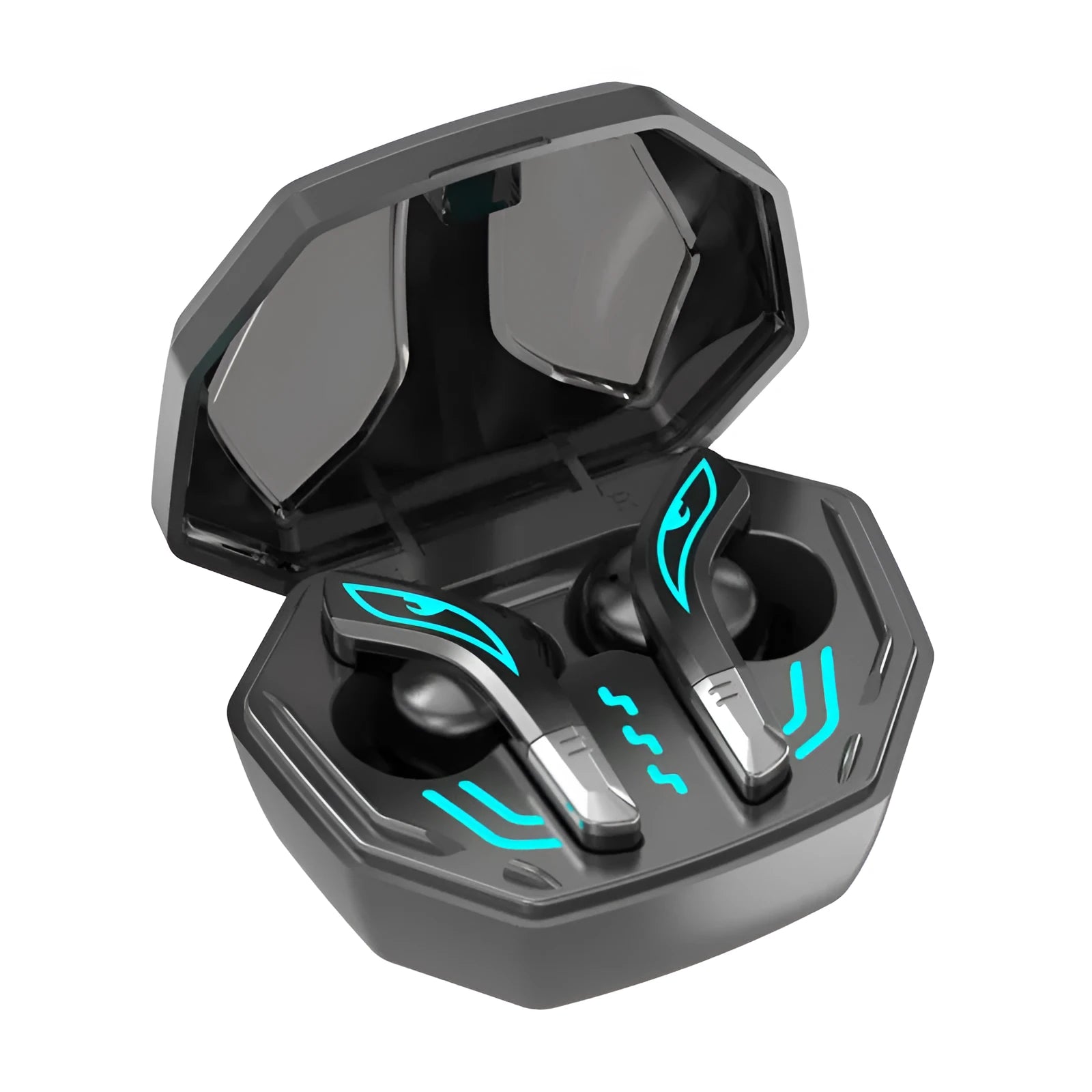 X15 black wireless in-ear Bluetooth gaming headset with charging case.