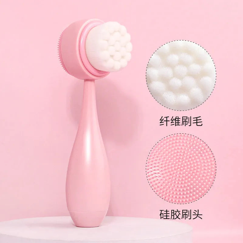 Facial brush keep dry three-piece set showing coral fleece hair band, facial brush with nylon bristles, and storage pouch