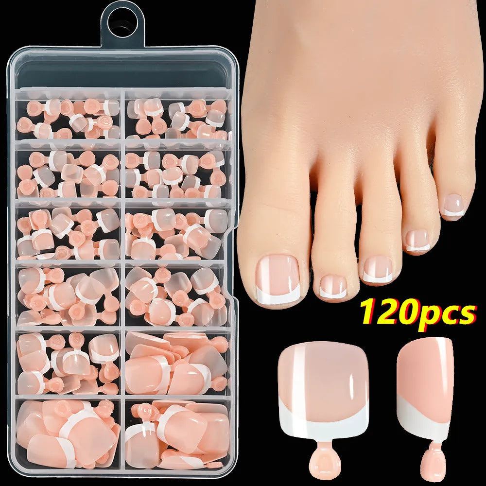120-piece box of French white edge nude full square short artificial toenails in nine shades