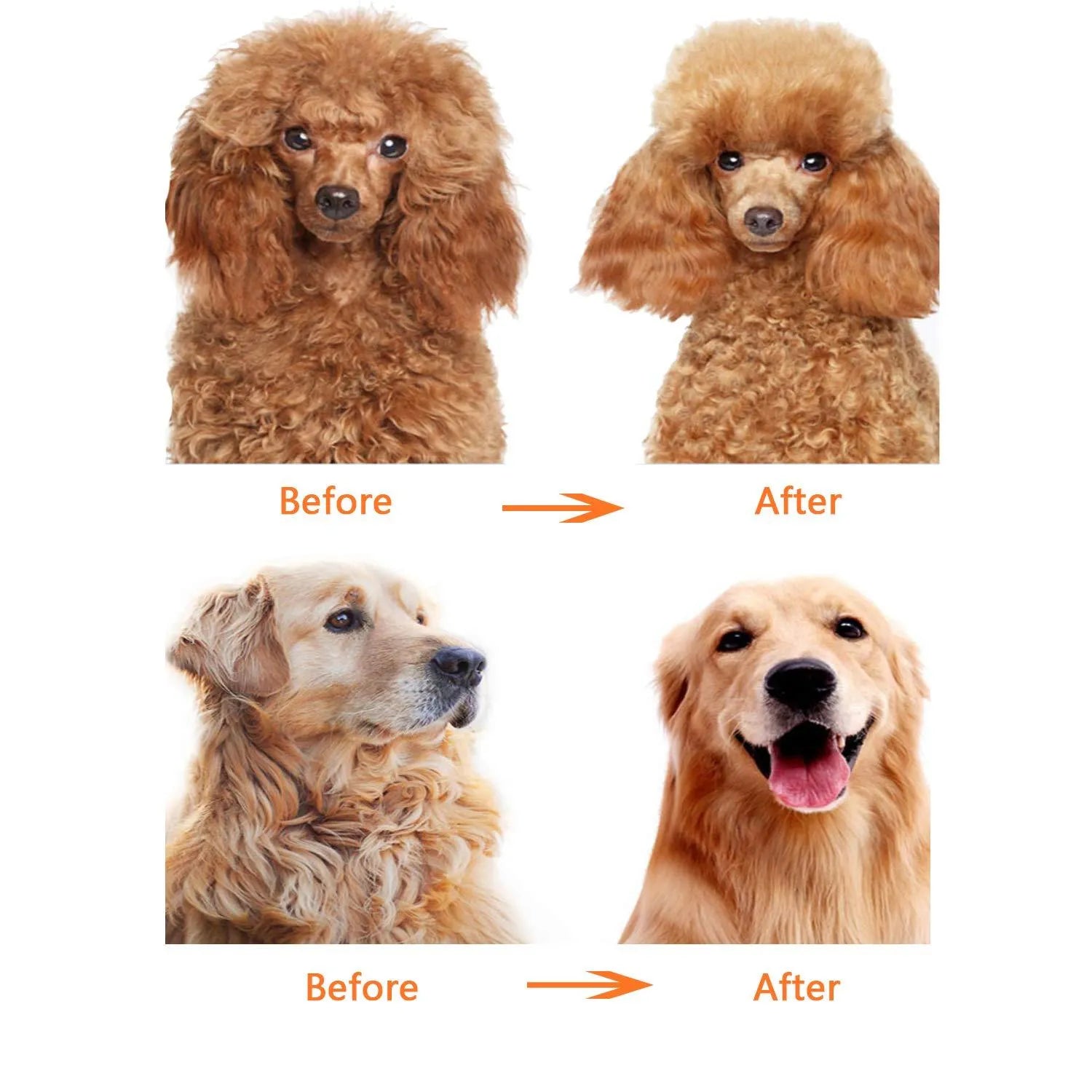 Red pet grooming comb with stainless steel pins, showing both long and short teeth on a plastic handle.