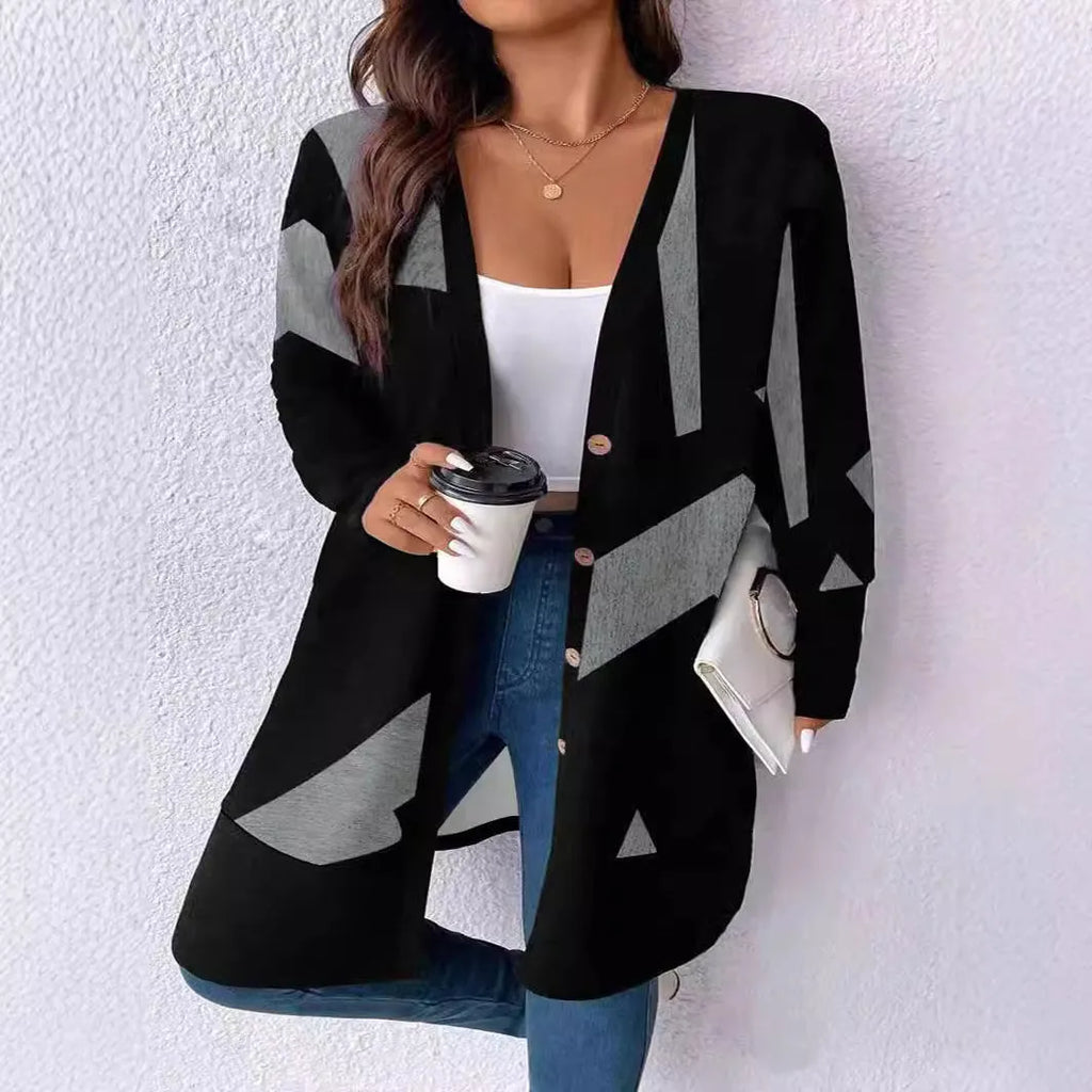 Black plus size loose casual knitwear cardigan with button stitching and regular sleeves