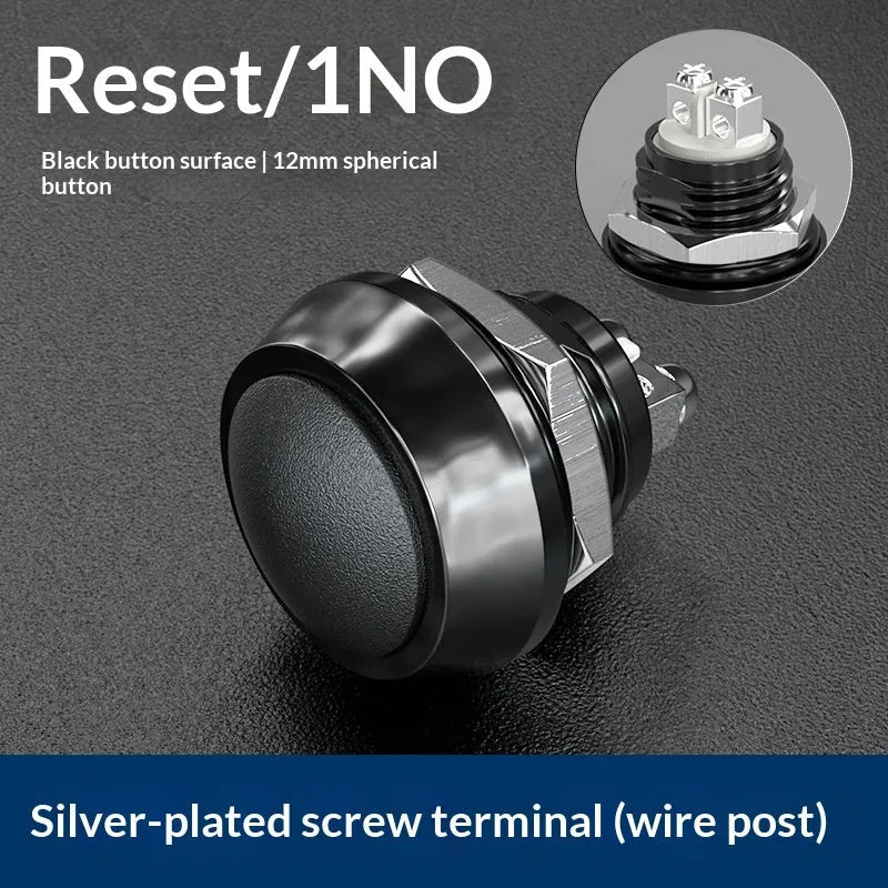 12mm spherical head self-resetting push button switch with silver-plated contacts and waterproof protection