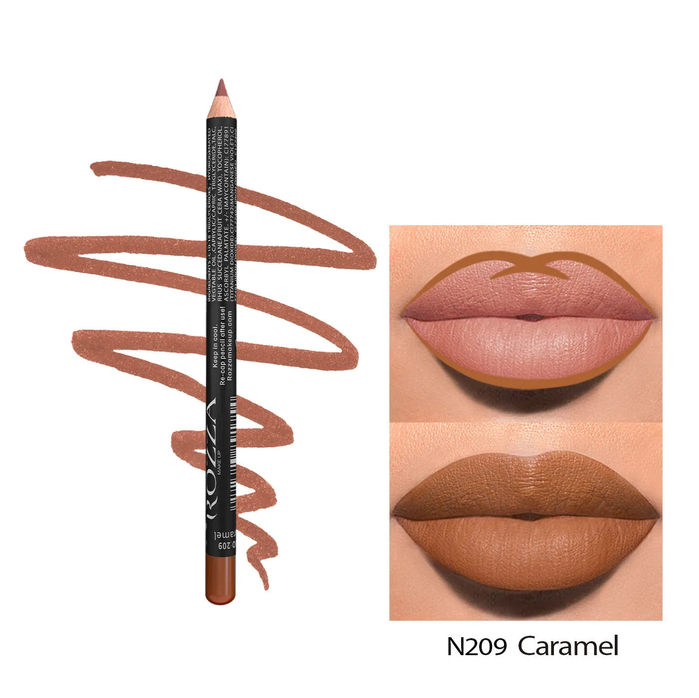 Wood-cased matte lip liner pencil in one of fourteen shades, shown on a hand