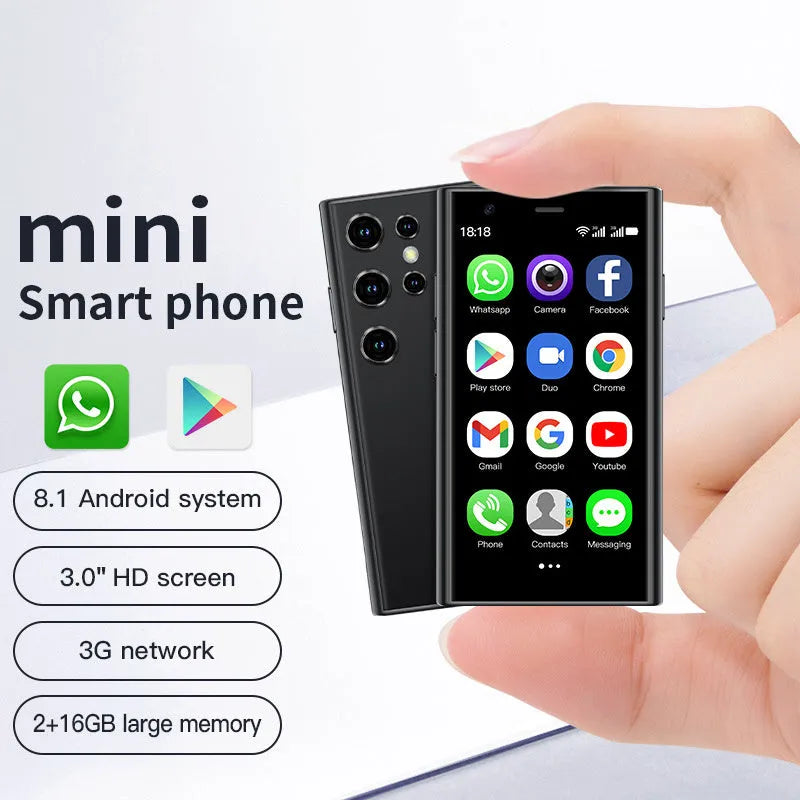 Black mini Android smartphone with 30cm screen showing home screen interface