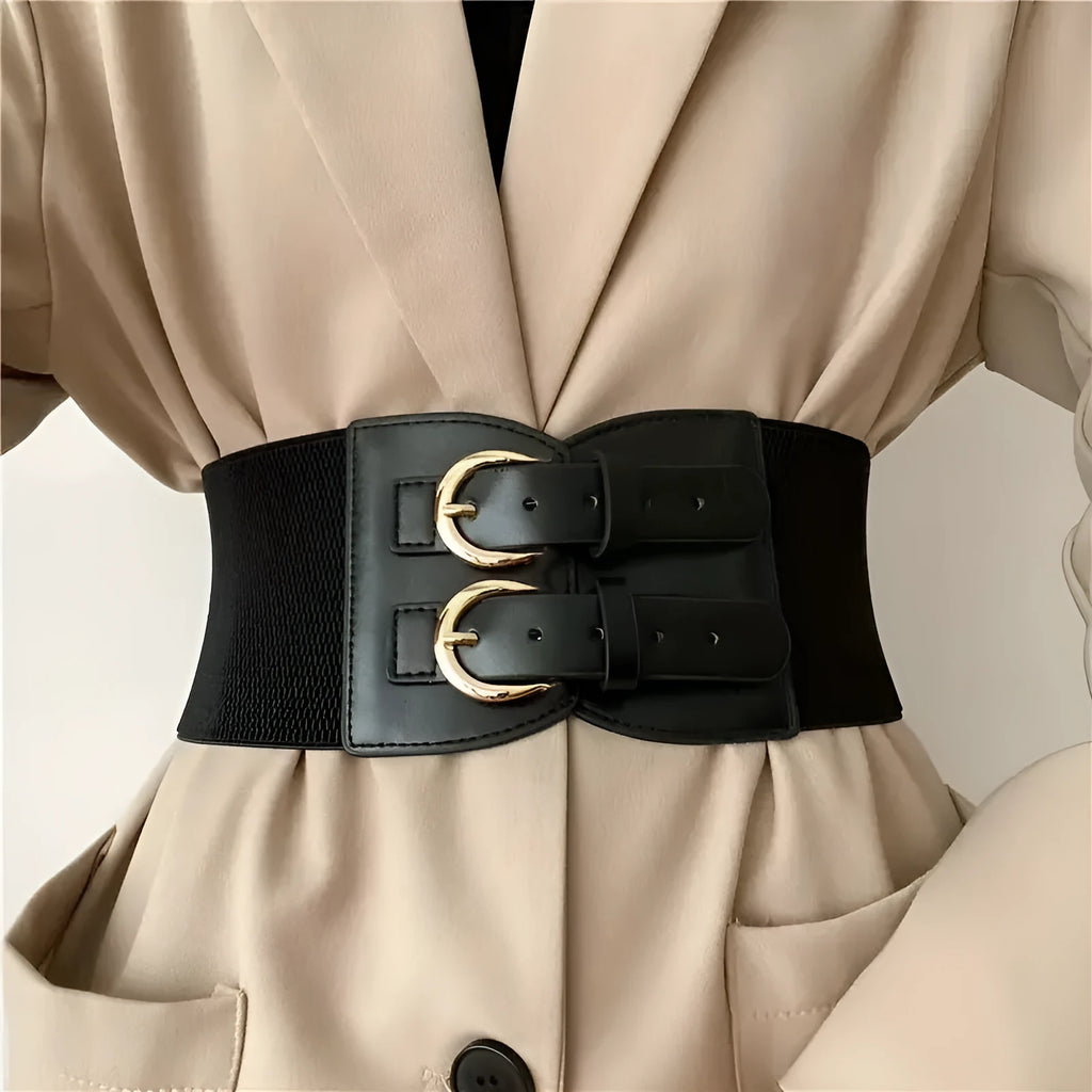 Women's wide black synthetic leather elastic waistband with single loop, adjustable 60-80 cm, on a white background