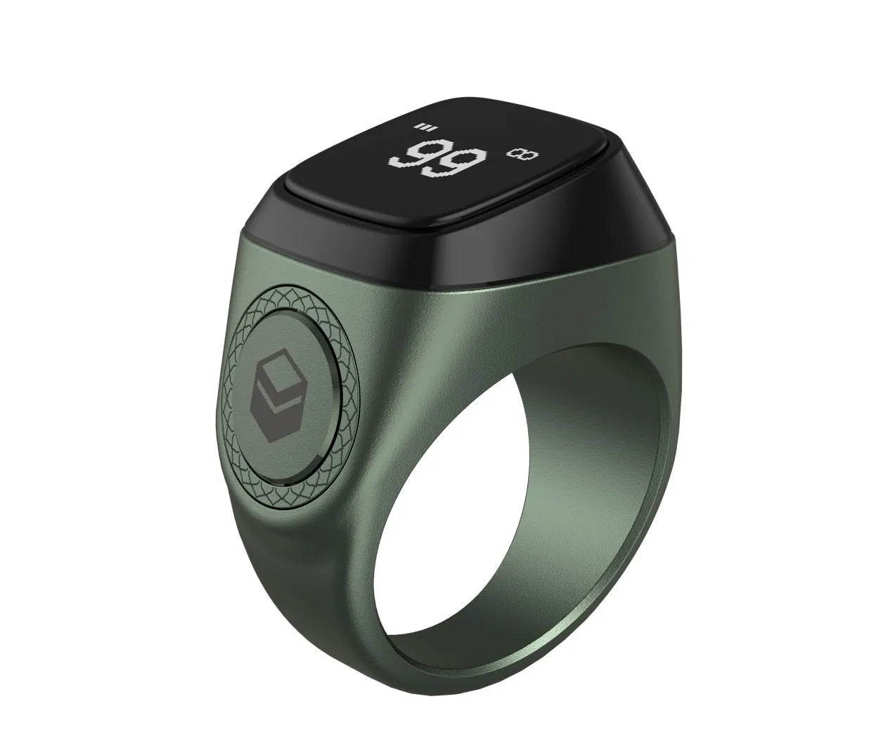 Zikr1 metal smart ring with OLED screen on a finger, showing a Tasbih count.