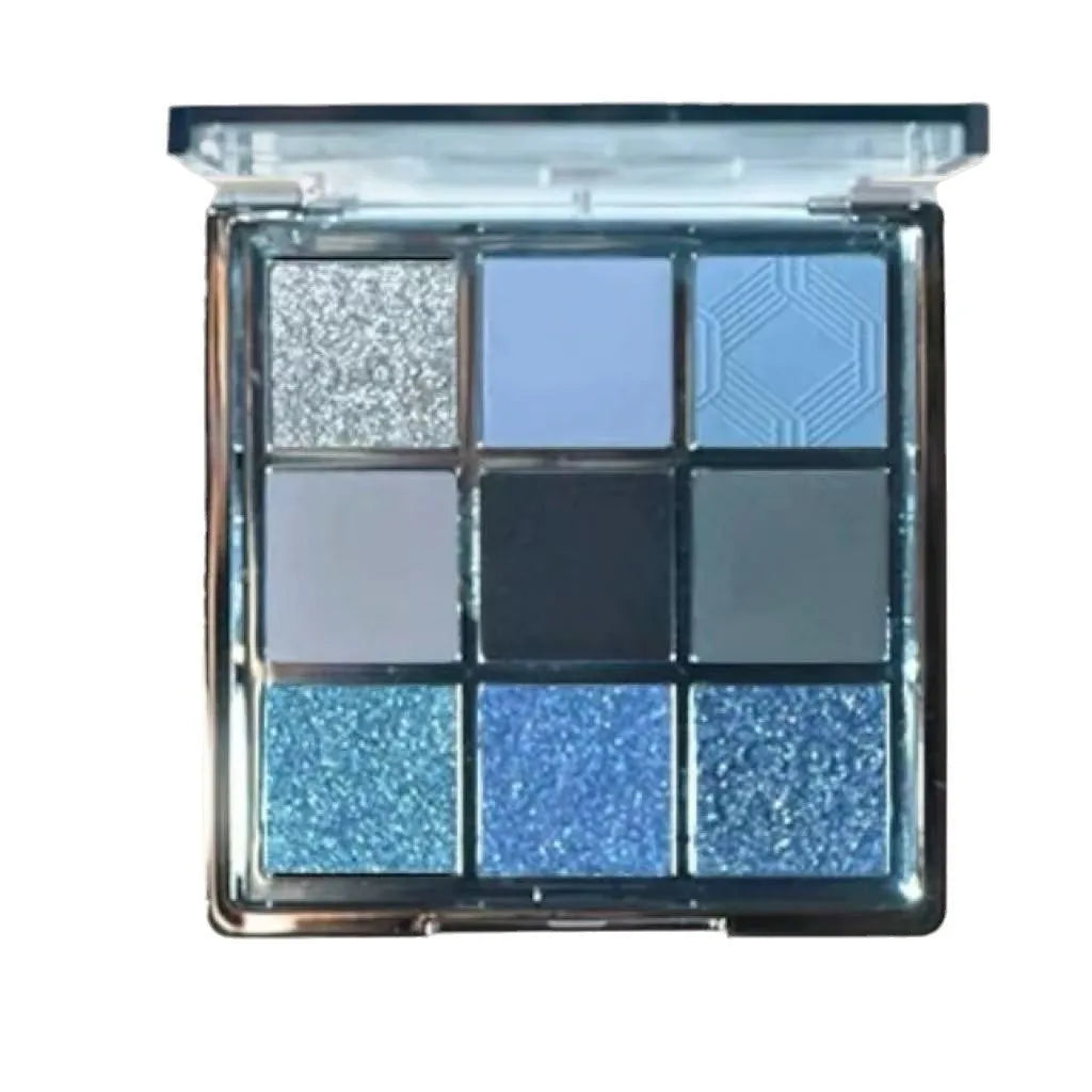 MUGELEEN nine-colour eye shadow palette showing matte and shimmer finishes in blue and smoked tones