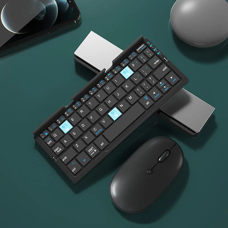 Mini folding aluminium Bluetooth keyboard with integrated stand for phones and tablets