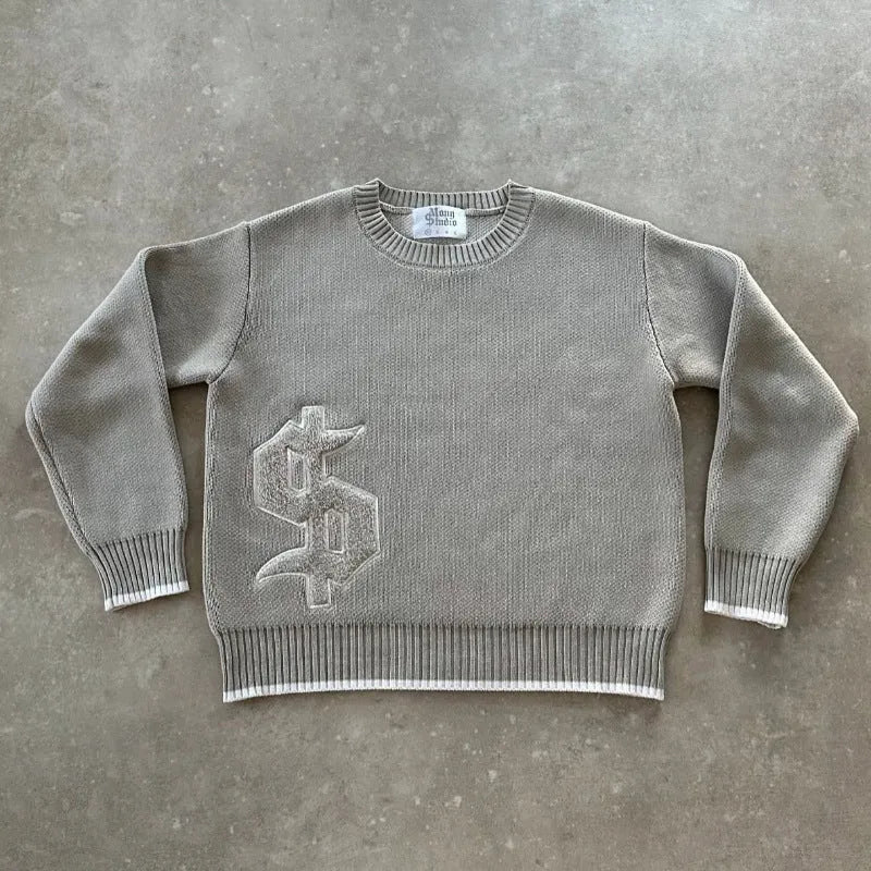 Grey loose-fitting jacquard knitwear coat with long sleeves on hanger