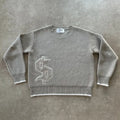 Grey loose-fitting jacquard knitwear coat with long sleeves on hanger