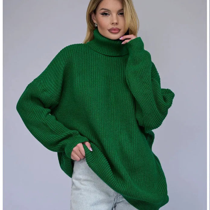 Women's sky blue loose high neck pullover sweater made from thick imitation cashmere fabric.