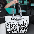 Waterproof PP woven handbag with colour printing, shown as a portable bag for clothing and cosmetics.