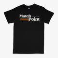 Black men's t-shirt with a large white 3D digital printed text pattern on the front.