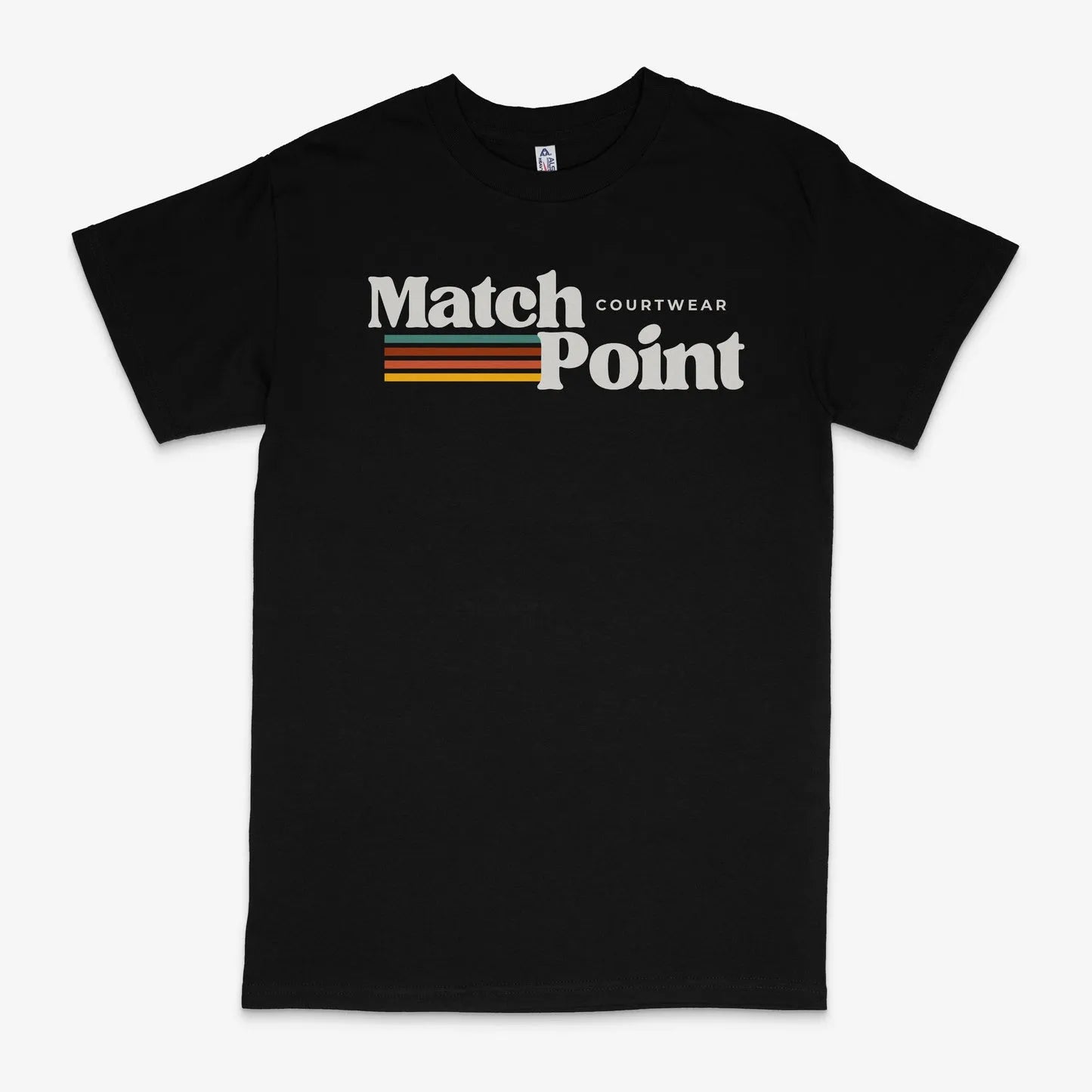 Black men's t-shirt with a large white 3D digital printed text pattern on the front.