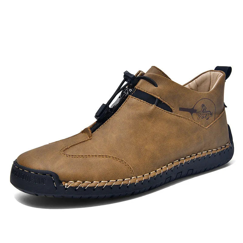 Men's casual leather shoes in khaki with round toe, mid heel, and reinforced leather upper.