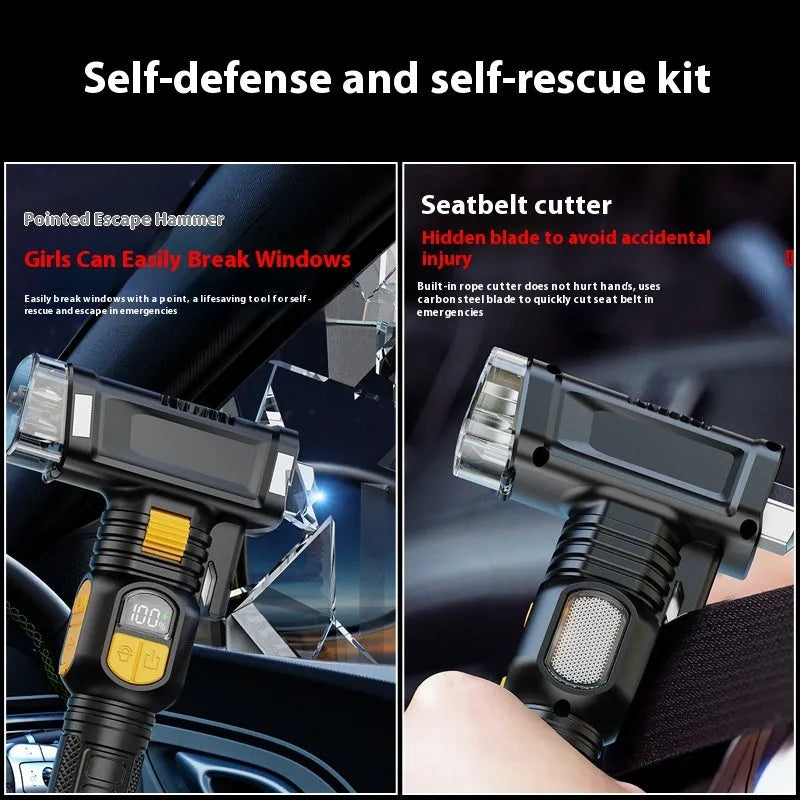 Multi-function automobile safety hammer flashlight with red warning light and black ABS housing