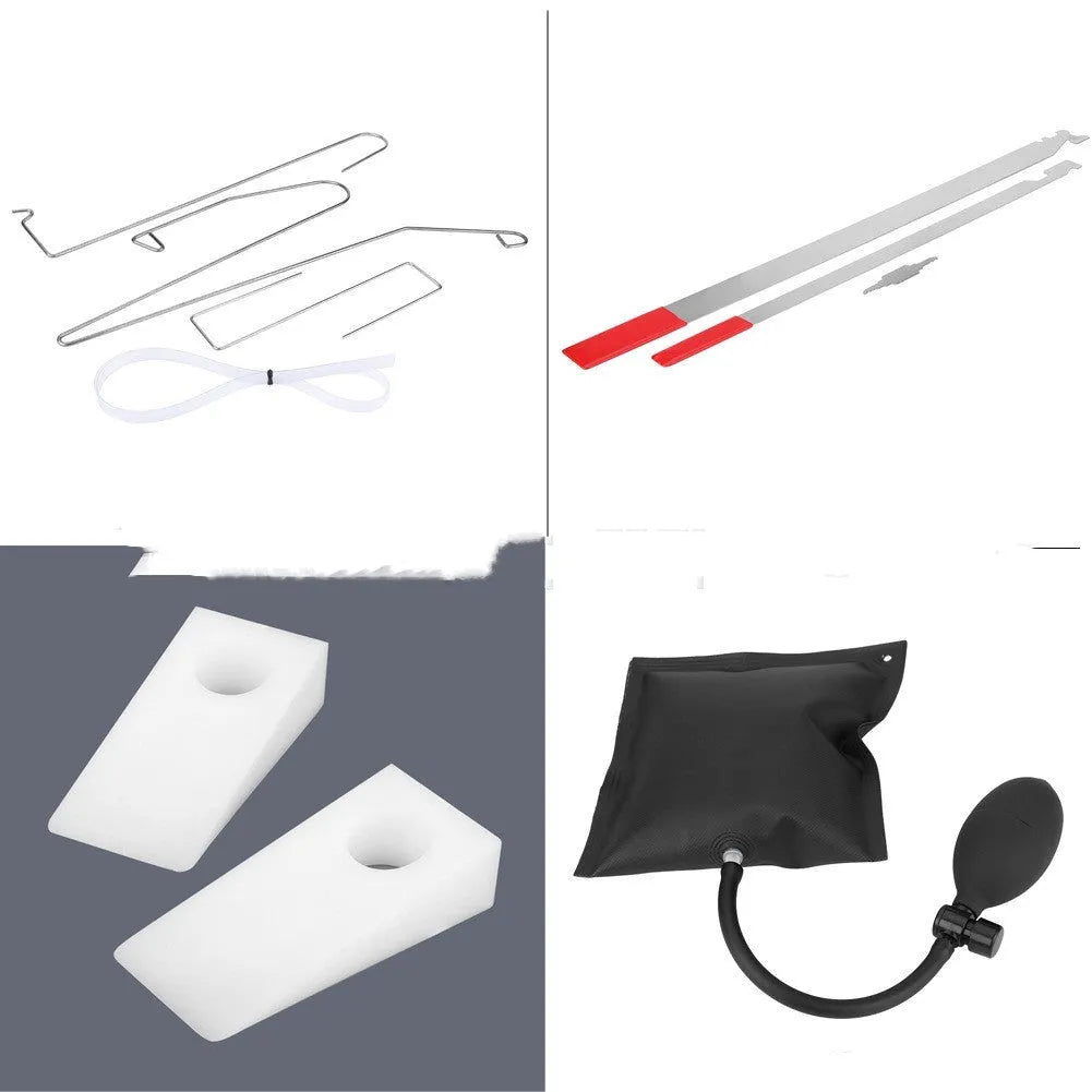 9-piece automotive maintenance tool kit with air pump wedge, plastic wedges, hooks and crowbars