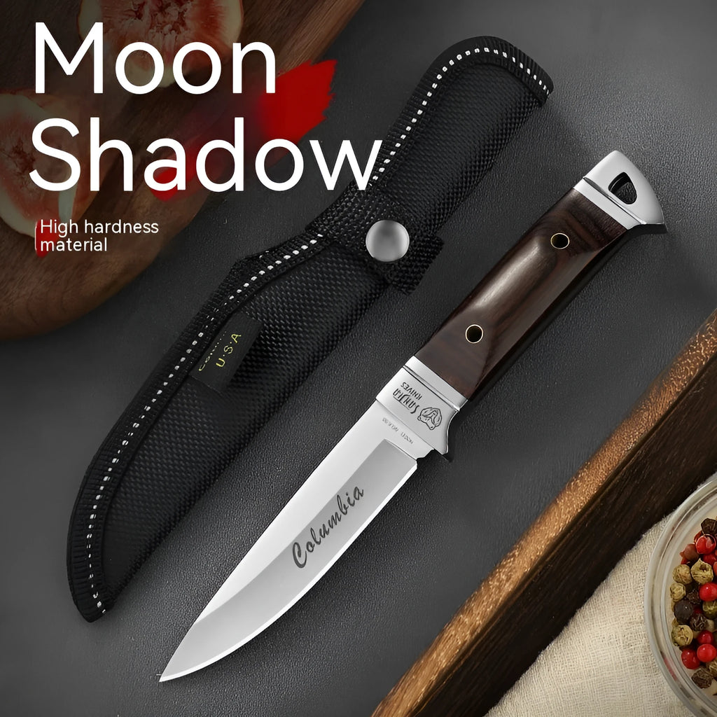 Camping portable fruit knife with stainless steel blade and brown leather protective case.