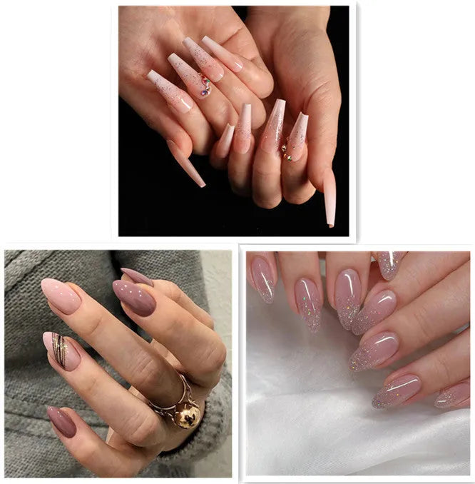 Boxed ballet gradient fake nails with starry sky glitter effect, 24 pieces in photo colour