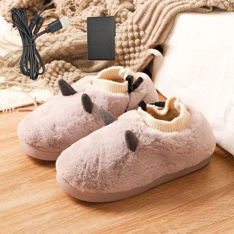 USB electric heating slippers in soft velvet, showing adjustable temperature controls and a connected USB cable.