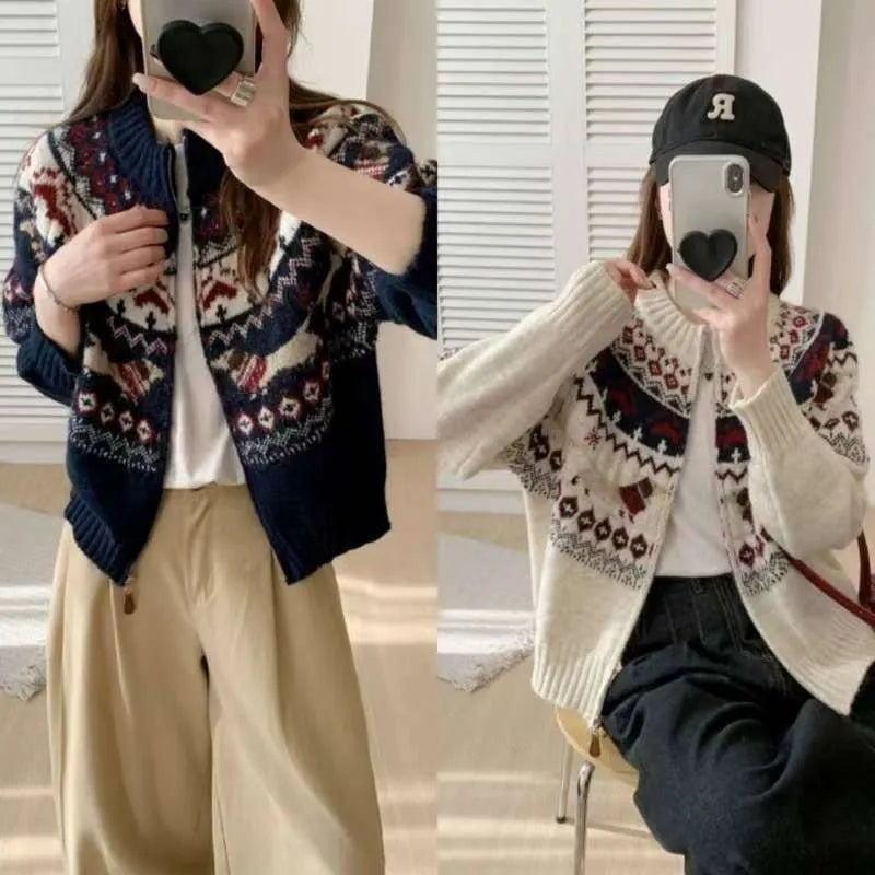 Ethnic style jacquard pullover sweater with 3D pattern in loose fit showing apricot and navy blue colour options