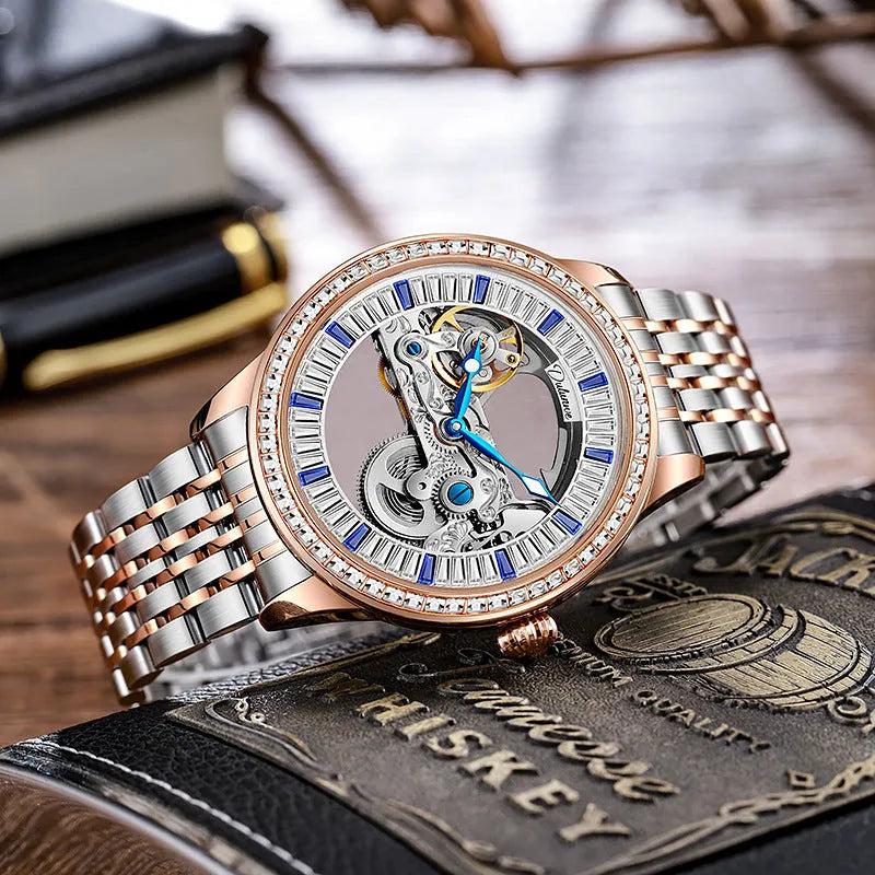 Luxury zircon mechanical men's watch with waterproof case and choice of straps