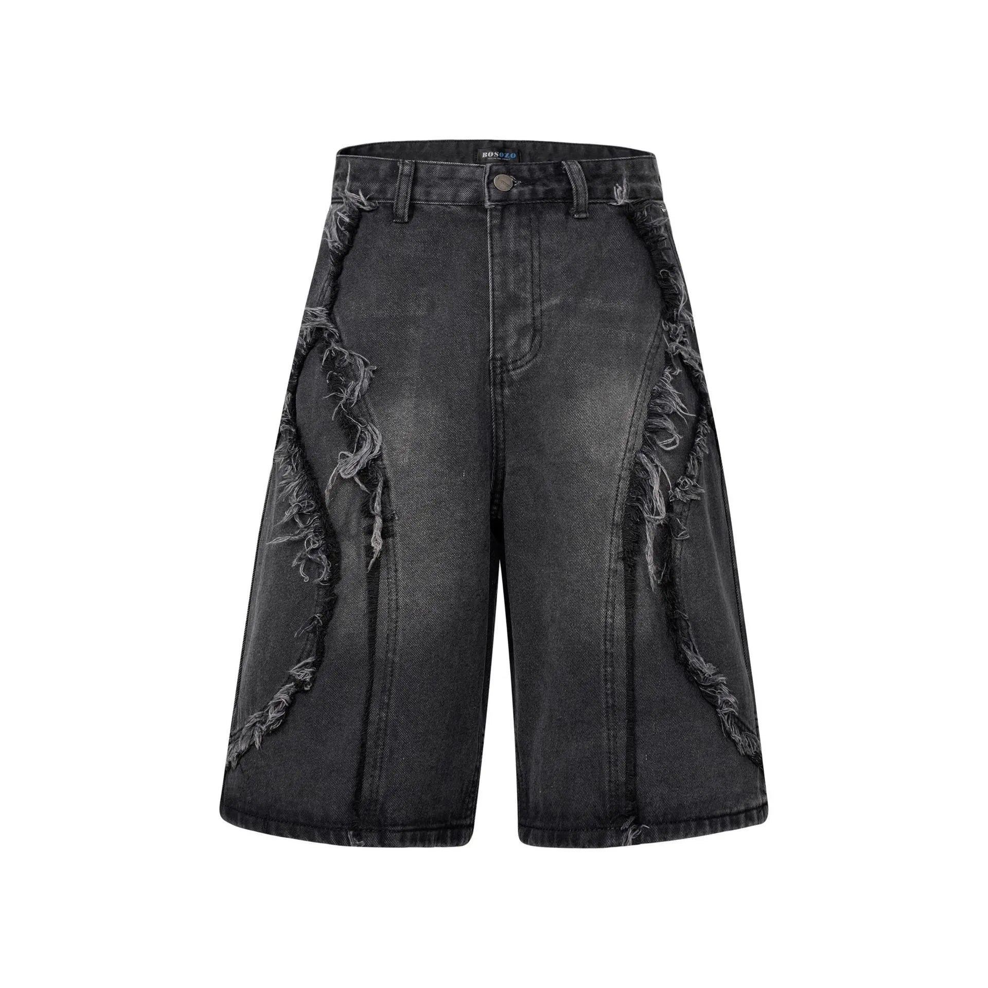 Man wearing distressed light blue denim shorts with raw edge hem and straight hip hop cut.