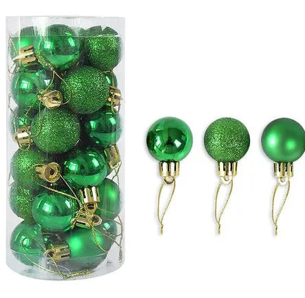 Assorted 3cm shiny gold, red, and silver Christmas ball ornaments spilling from a tall storage barrel.