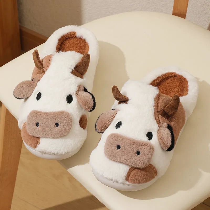 White cow animal slippers with faux fur and anti-slip textured soles