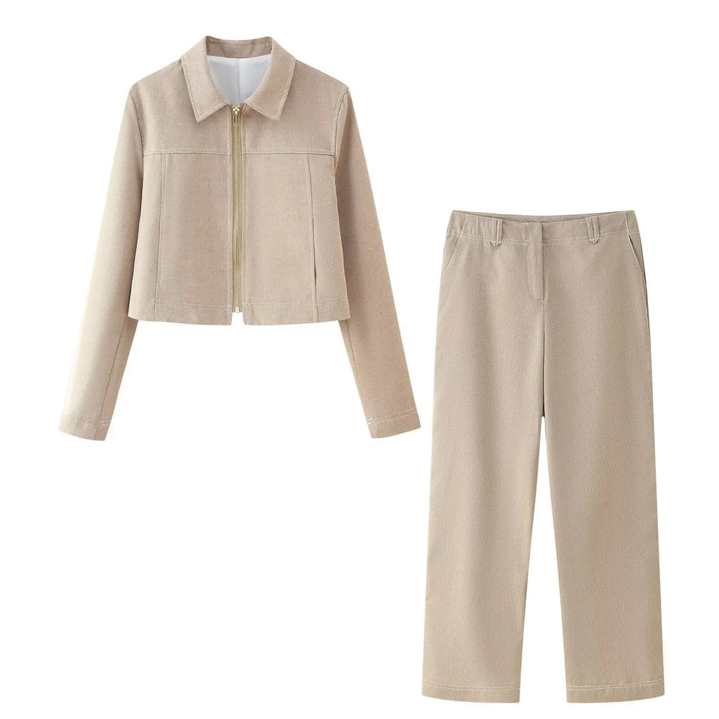 Women's herringbone pattern suit with 3D embroidery on jacket and trousers in street fashion style
