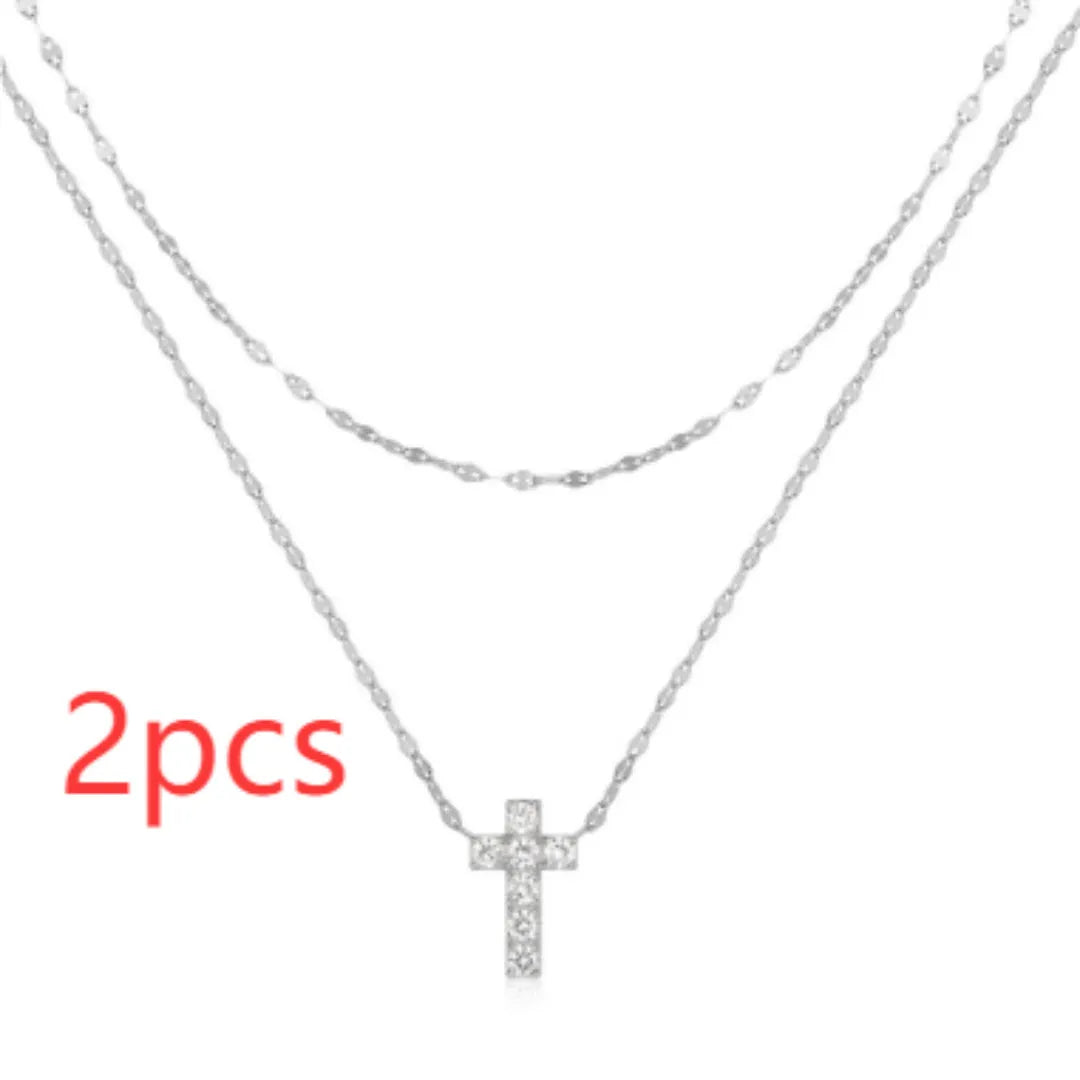 Sterling silver double layer twin diamond cross pendant necklace on clavicle chain