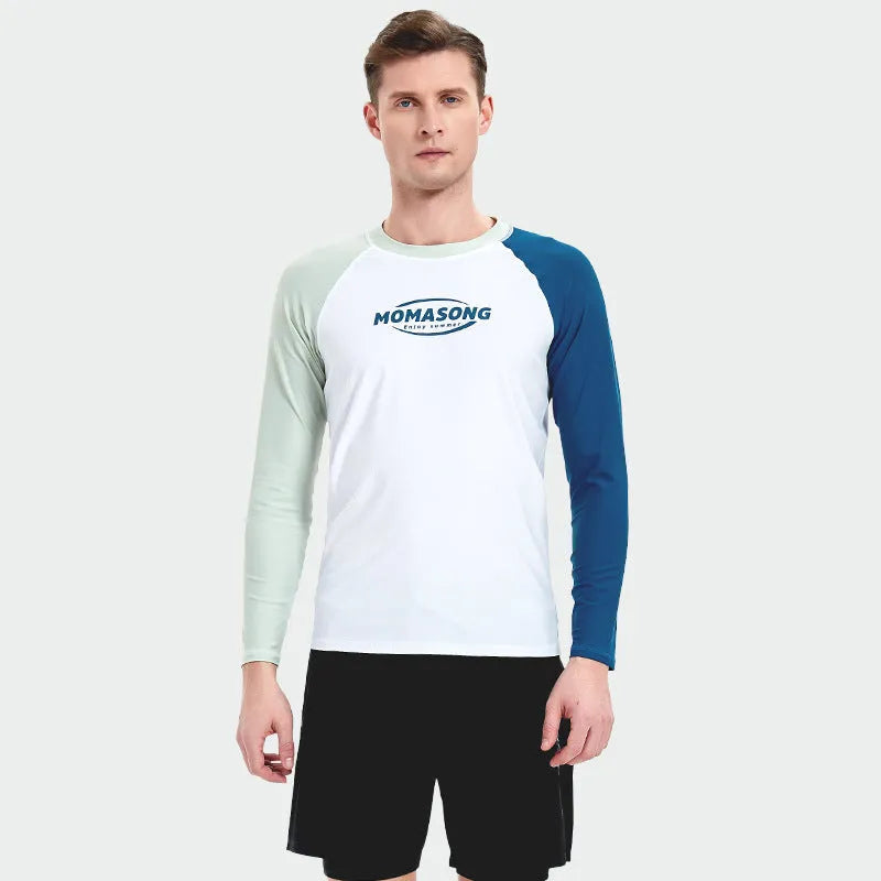 Men's long-sleeved white top with matching swimming trunks swimsuit set for beach sports