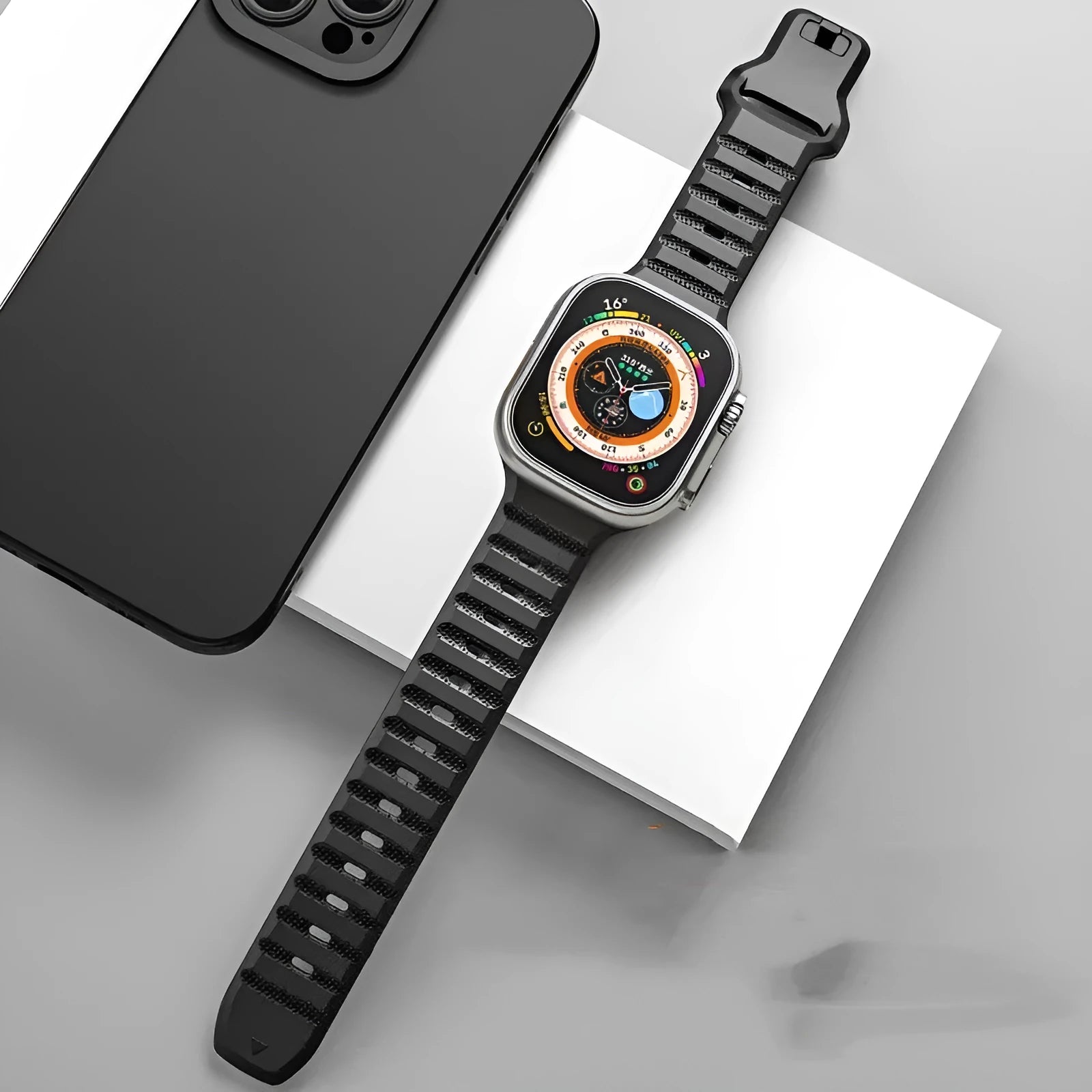 Fluoro rubber watch strap for Apple Watch Ultra and Series 8 to 1 in various colours with T-buckle.
