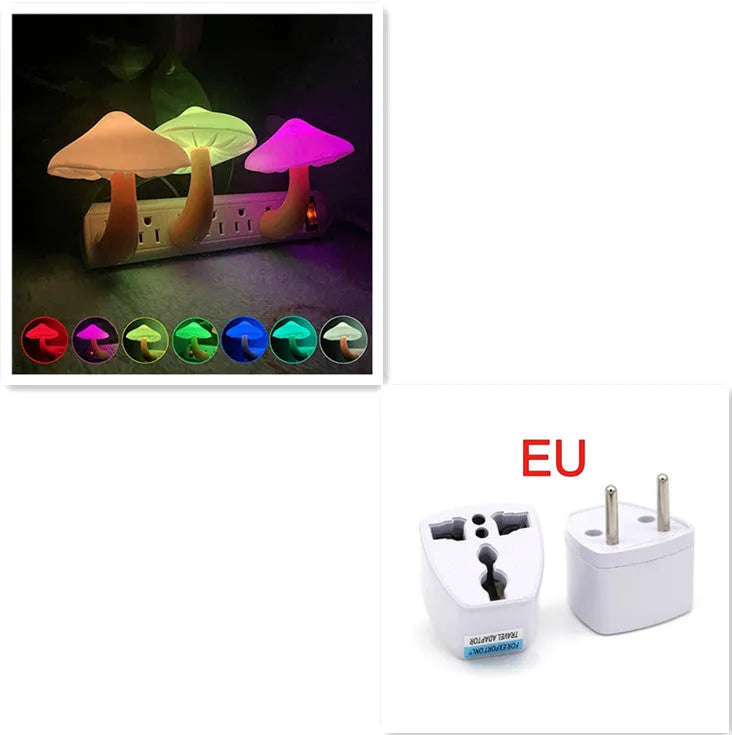 Mushroom-shaped LED night light with light sensor, warm yellow glow, plugging into a wall socket