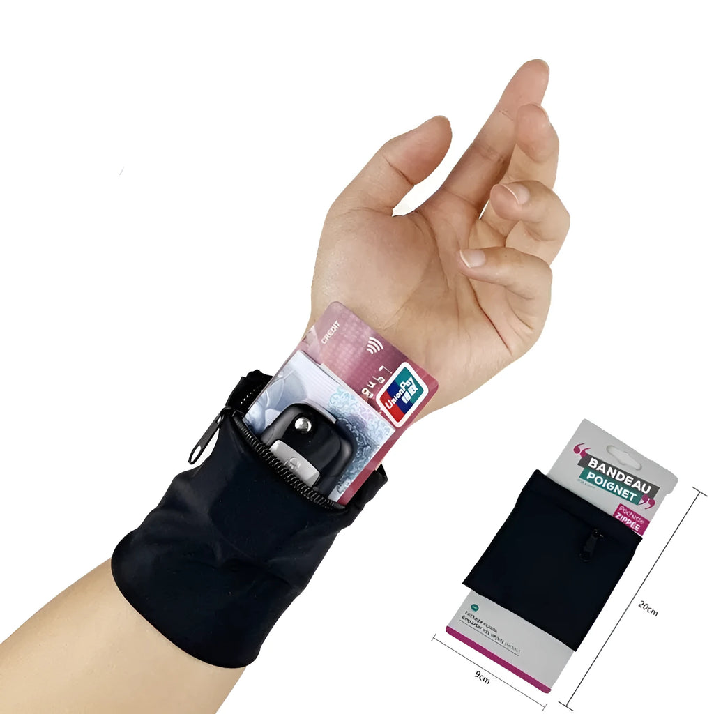 Black wrist bag armband sleeve for mobile phone storage, shown on a wrist.
