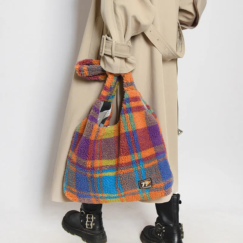 Women's plush plaid crossbody tote bag in Army Green colour showing large capacity and zippered compartment