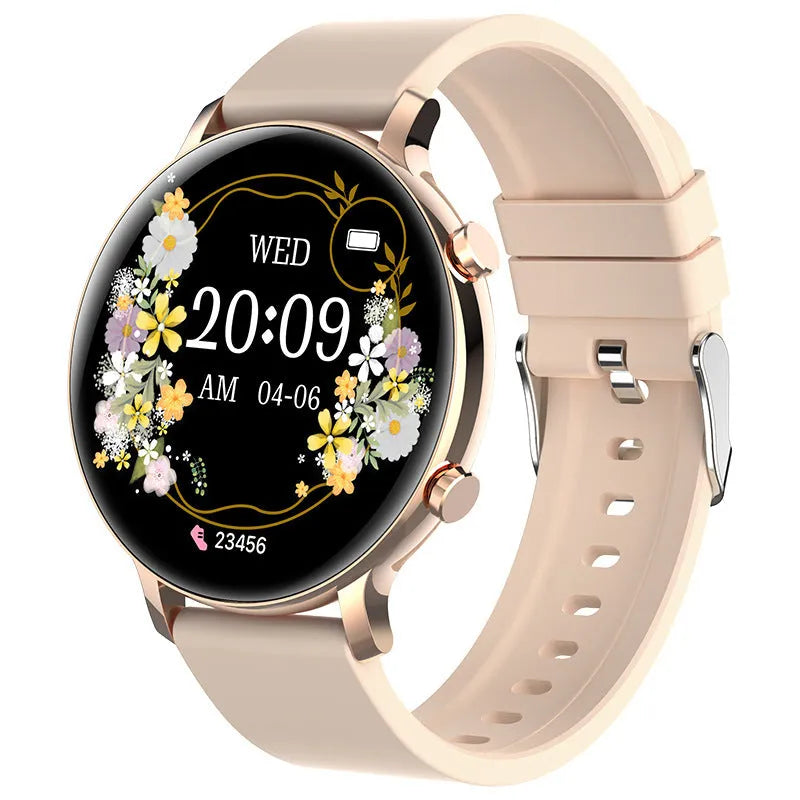 Silver stainless steel smartwatch with black screen showing heart rate data on a genuine leather strap.