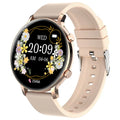 Silver stainless steel smartwatch with black screen showing heart rate data on a genuine leather strap.