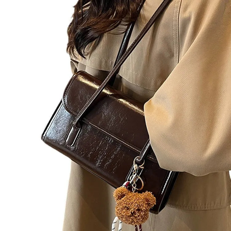 Women's brown Maillard PU leather shoulder bag with double straps and pendant attachment