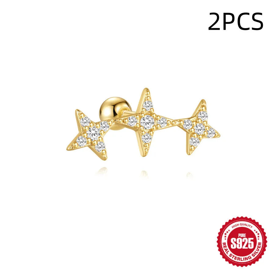 Close-up of S925 sterling silver square gravel flower stud earrings with a golden electroplated finish.