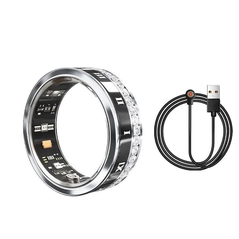 Silver and gold smart rings with blood oxygen monitoring feature on display with charging cable