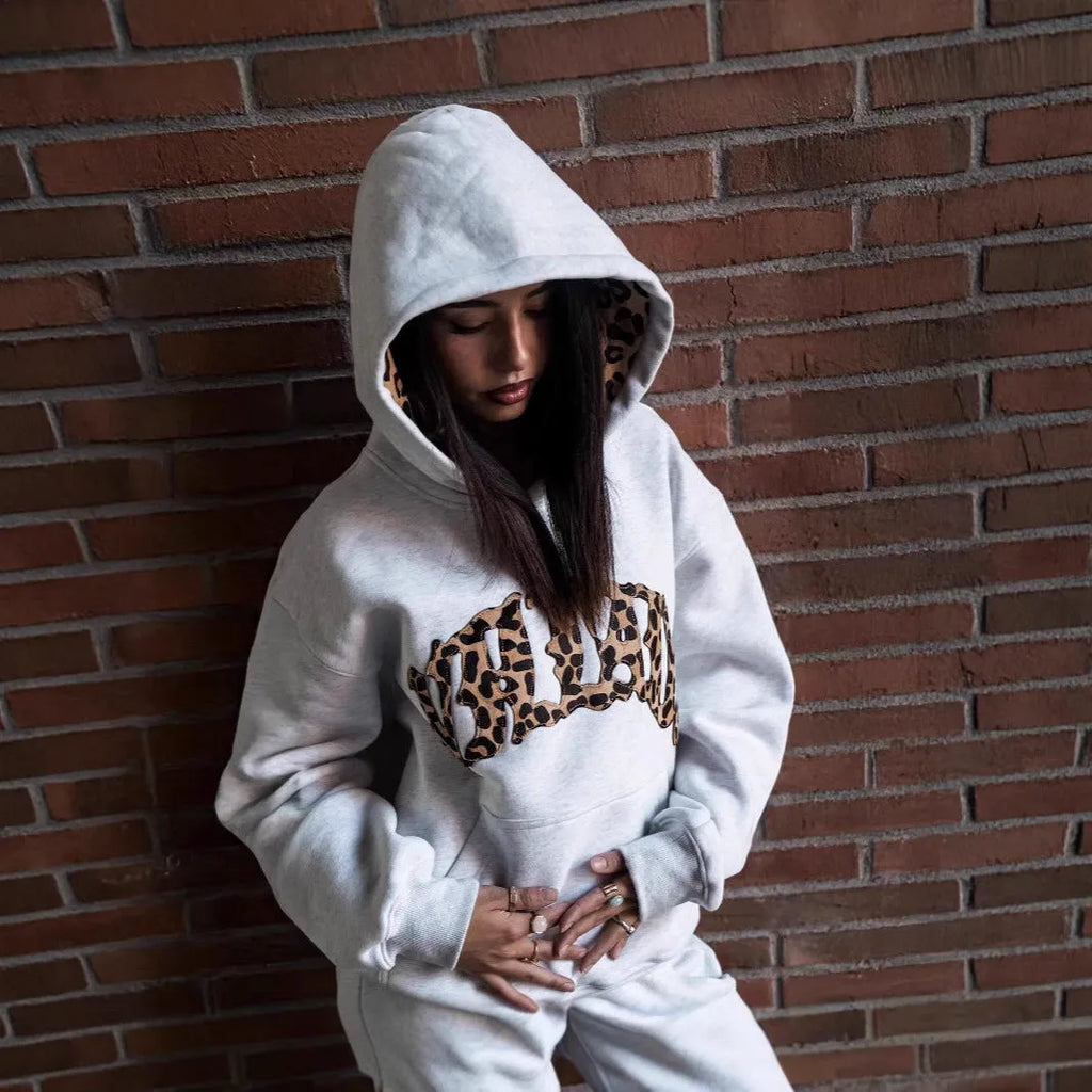 Leopard print letter embroidery street casual trousers and hoodie set for men and women in black and light gray polyester fabric