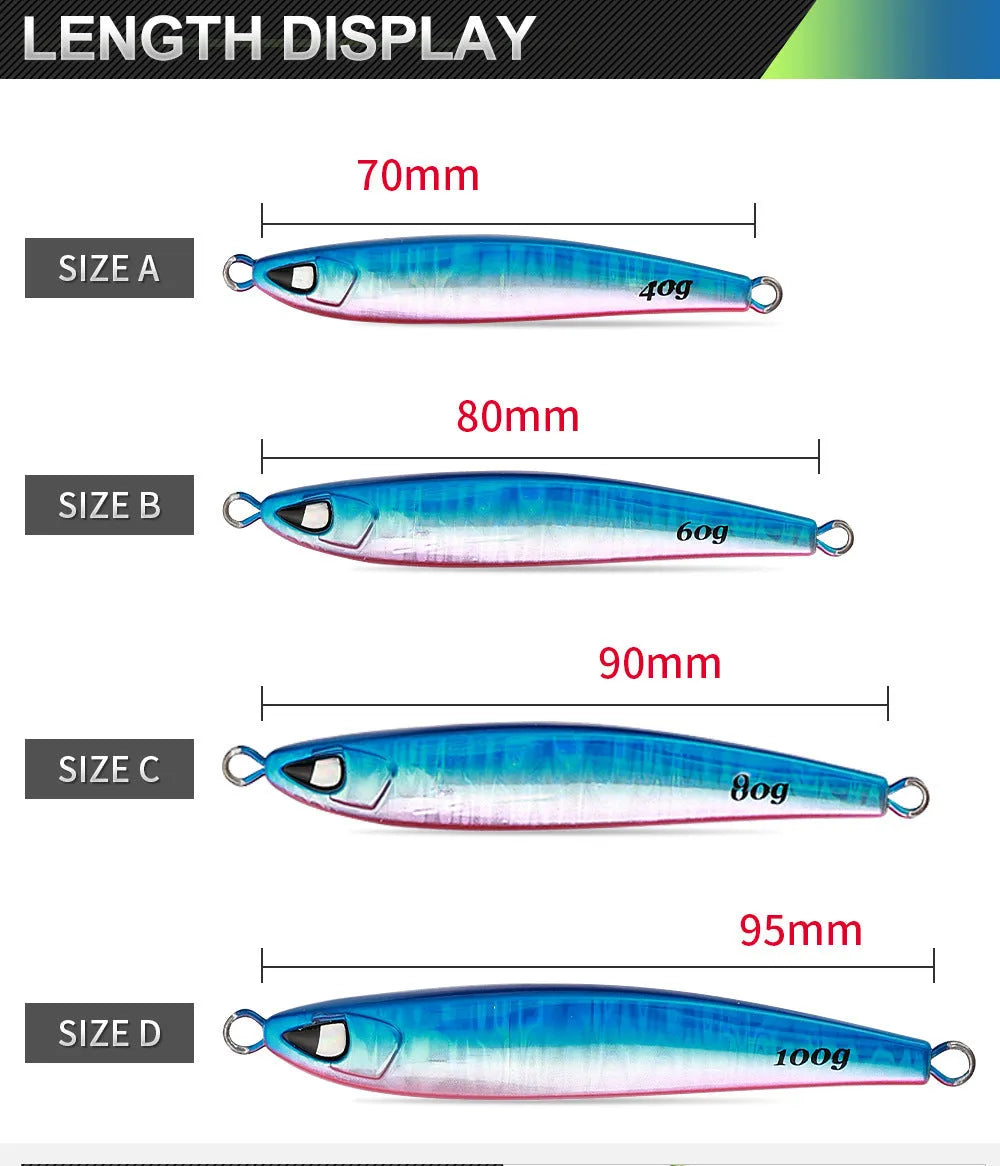 Sea fishing long shot iron bait lure in metallic finish, 40g to 100g weights, bionic fake bait