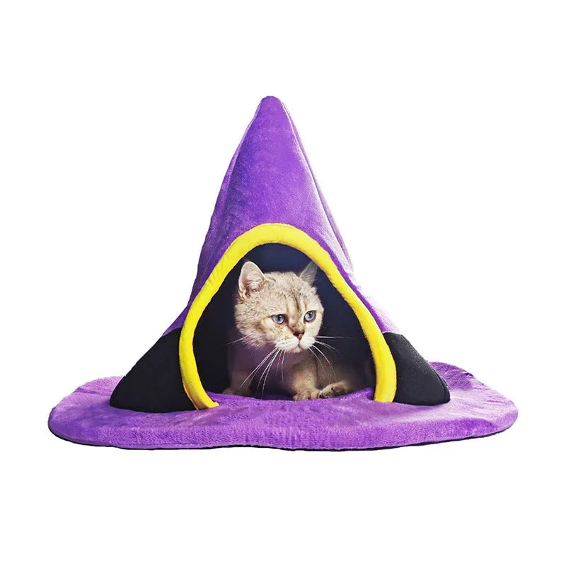 Purple witch hat shaped cat bed for pets, dimensions 60cm by 45cm