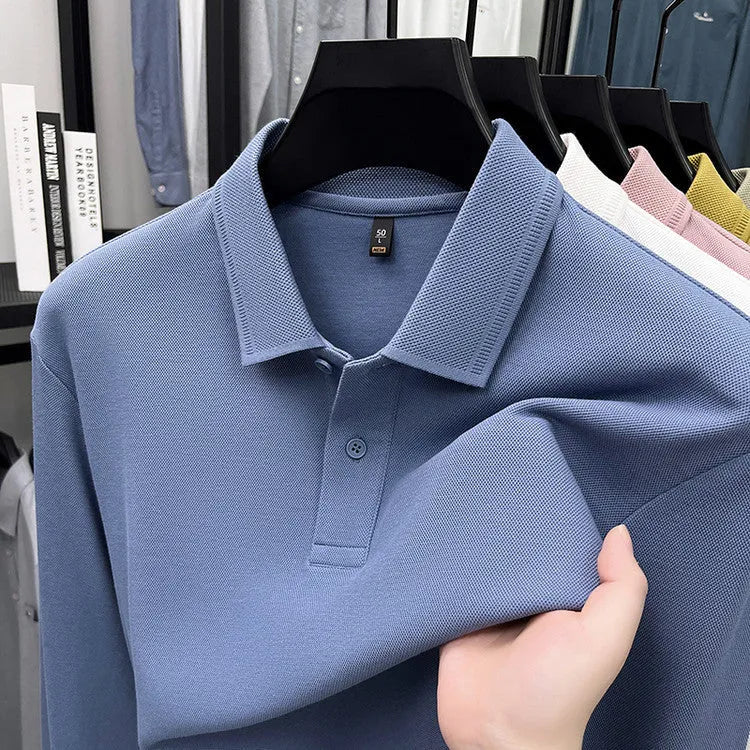 Mercerized cotton long-sleeved polo shirt for men, loose fit, striped asymmetric design, in Black colour