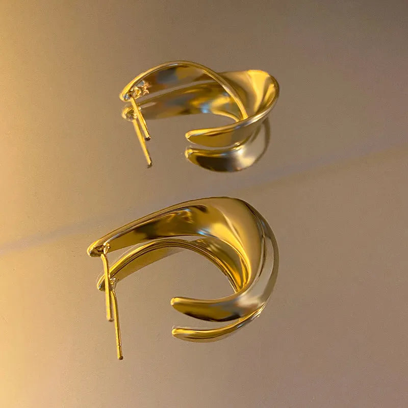 Twisted geometric metal hoop earrings in gold and silver electroplated colour options